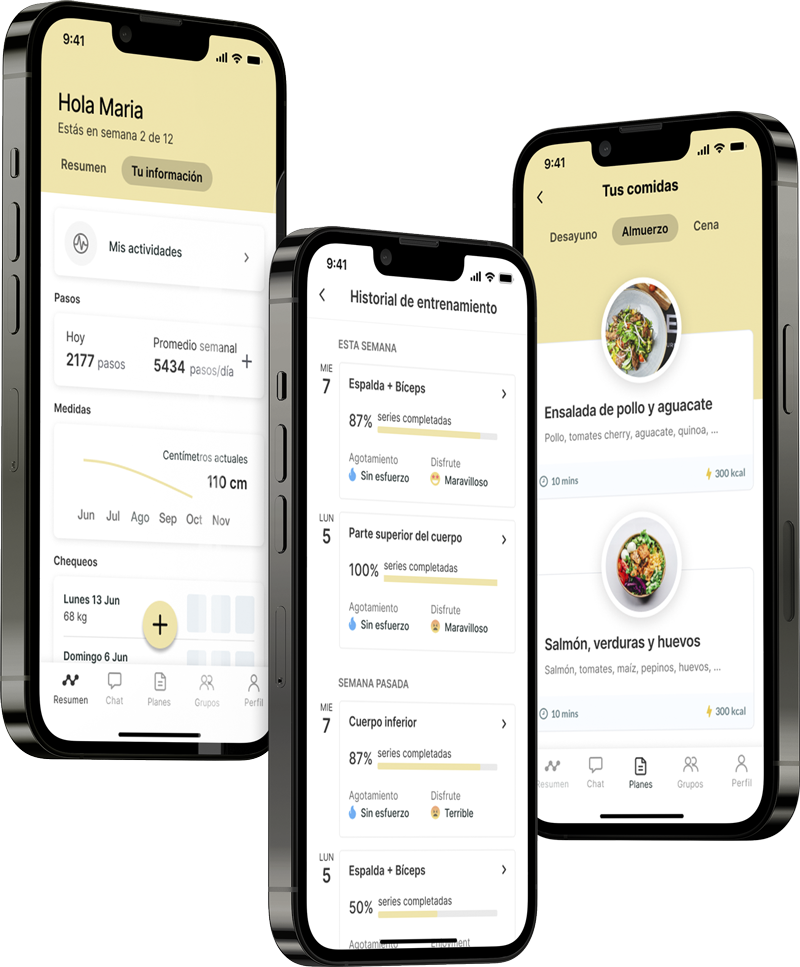 Un mockup de la app de coaching mostrando las funciones.